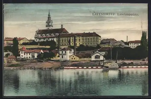 AK Leitmeritz / Litomerice, Ortsansicht mit Elbdampfer König Georg am Elbeufer