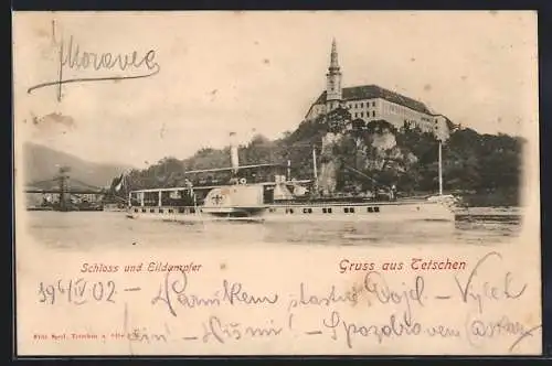 AK Tetschen-Bodenbach-Decin, Schloss & Eildampfer