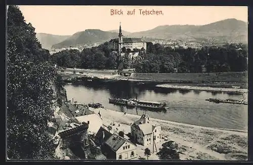 AK Tetschen, Blick auf dem Fluss mit Dampfer