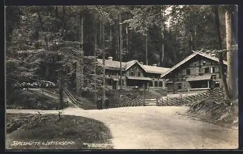 AK Balzhütte b. Dittersbach, Reisegruppe bei den Blockhäusern