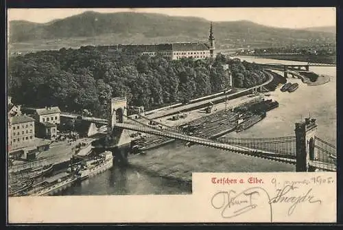 AK Tetschen a. Elbe, Teilansicht mit Elbbrücke