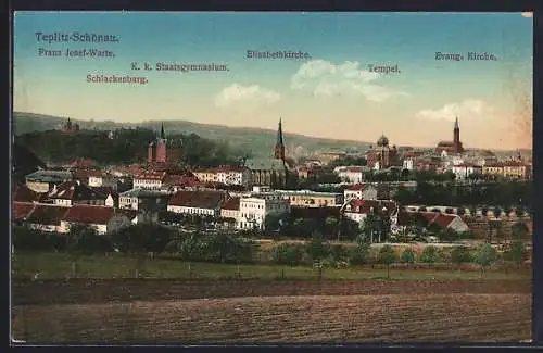 AK Teplitz-Schönau, Ansicht mit Schlackenburg, Elisabethkirche und Tempel