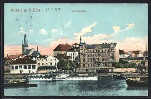 AK Aussig a. d. Elbe, Blick auf den Landungsplatz