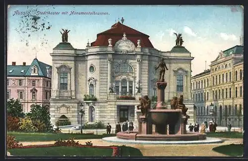 AK Aussig, Stadttheater mit Monumentalbrunnen