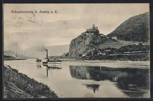 AK Aussig / Usti, Dampfer auf der Elbe mit Blick zur Burg Schreckenstein