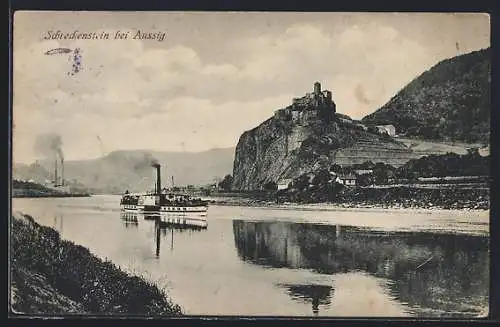 AK Aussig, Flussdampfer mit Burg Schreckenstein