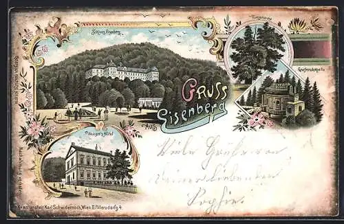 Lithographie Eisenberg, Schloss Eisenberg, Weinert`s Hotel und Grafenskapelle