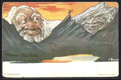 Künstler-AK sign.E. Hansen (E. Nolde): Altmann & Papa Sentis, Berg mit Gesicht / Berggesichter