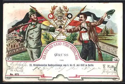 Lithographie Bismark, Schützenfest 1901, Schützen reichen sich die Hände