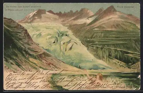 Lithographie Killinger Nr. 120: Rhonegletscher, Die Rhone nach Süden entlangziehend, Berg mit Gesicht / Berggesichter