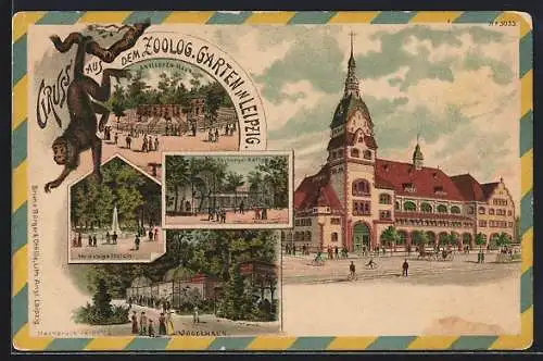 Lithographie Leipzig, Zoologischer Garten, Antilopenhaus, Stelzvogelteich, Vogelhaus, Hauptgebäude, Raubvogelkäfig