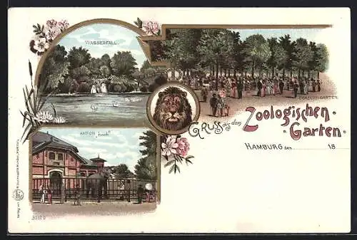 Lithographie Hamburg, Zoologischer Garten, Wasserfall und Anton hoch