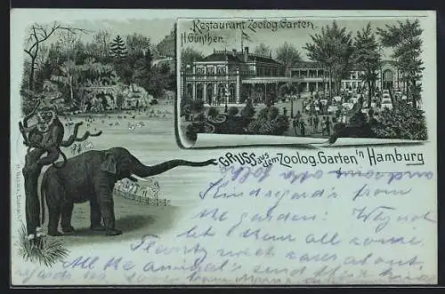 Mondschein-Lithographie Hamburg, Zoologischer Garten, Restaurant H. Hünther und Elefant am Teich