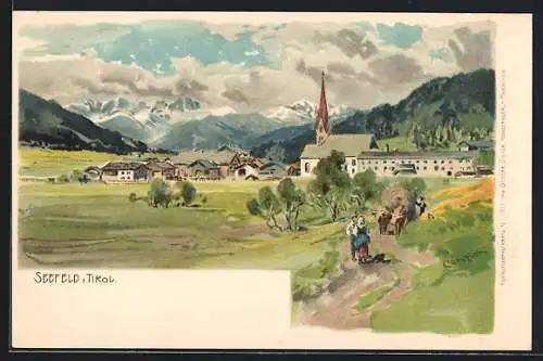 Künstler-Lithographie Edward Harrison Compton: Seefeld, Totale mit Bauern