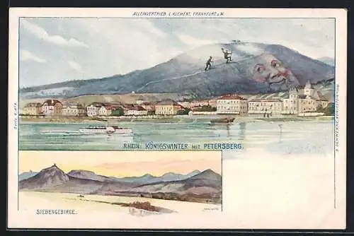 Künstler-AK Schwenke Ser. 6 Nr. 4: Königswinter /Rhein, Ortsansicht mit Petersberg, Berg mit Gesicht / Berggesichter