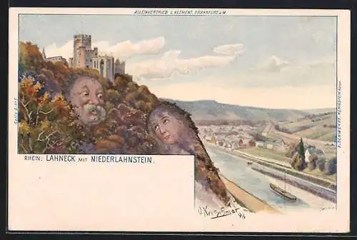 Künstler-AK Schwenke Serie 6, No. 5: Lahneck mit Niederlahnstein, Berg mit Gesicht / Berggesichter