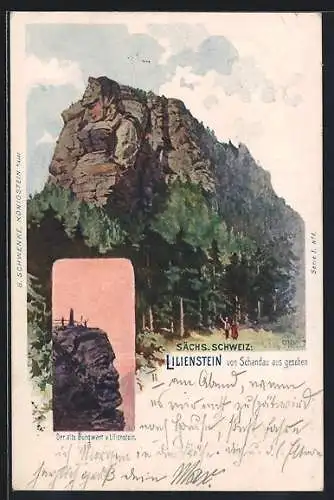 Lithographie Schwenke Ser. 1 Nr. 1: Sächs. Schweiz, Lilienstein und der alte Burgwart, Berg mit Gesicht / Berggesichter