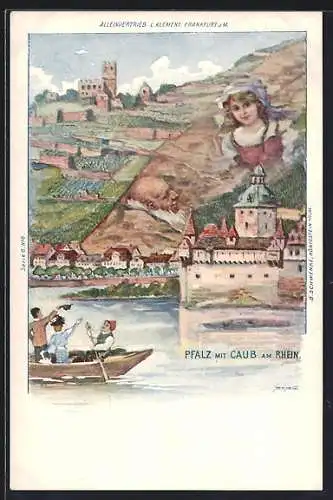 Lithographie Caub a. Rh., Berg mit Gesicht / Berggesichter, Schwenke Ser. 6 Nr. 6