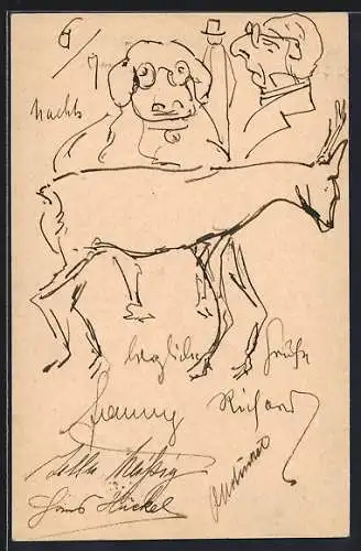 Künstler-AK Handgemalt sign. Richard Schaukal: Ein Reh, ein Hund mit Brille, ein Herr mit Brille, Autograph