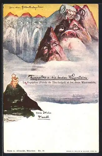 Künstler-AK sign. E. Hansen / Emil Nolde: Zugspitze und die beiden Waxensteine, Berg mit Gesicht / Berggesichter