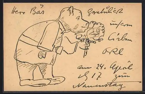 Künstler-AK Handgemalt sign. Richard Schaukal: Vermenschlichtes Schwein in Kleidung riecht an Blumenstrauss, Autograph