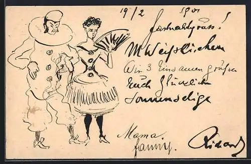 Künstler-AK Handgemalt sign. Richard Schaukal: Mann und Frau in Verkleidung, Autograph