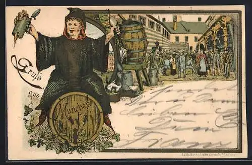 Vorläufer-Lithographie Das Münchner Kindl mit Bierkrug und Rübe, 1893, belebte Szene in einem Hof