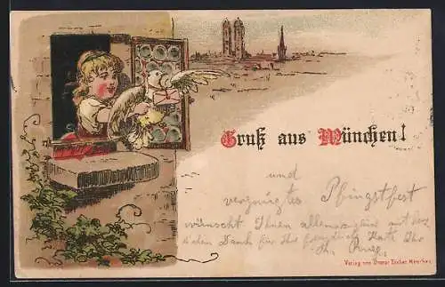 Vorläufer-Lithographie München, 1890, Mädchen versendet Brieftaube, Stadtbild mit Frauenkirche