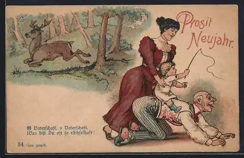 Vorläufer-Lithographie Alter Mann spielt für seinen Sohn das Pferd, 1894, rätselhafte Vaterschaft