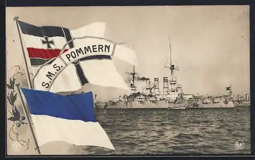 AK Kriegsschiff S.M.S. Pommern, Reichskriegsflagge und Lorbeerzweig, Flagge Pommerns