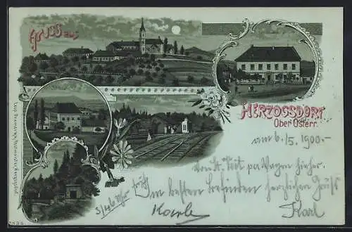 Mondschein-Lithographie Herzogsdorf /Ober Österr., Riepl`s Gasthof Gerling, Bahnhof, Schloss Eidendorf