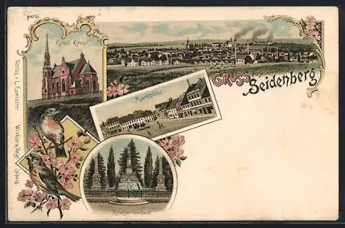 Lithographie Seidenberg, Kath. Kirche, Panorama, Marktplatz