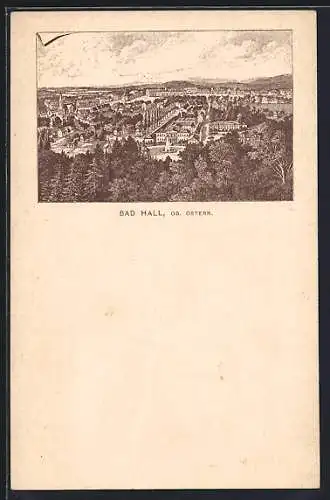 Lithographie Bad Hall /Ob. Österr., Ortsansicht aus der Vogelschau