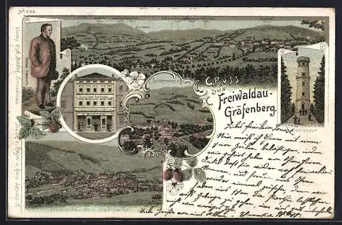 Lithographie Freiwaldau-Gräfenberg, Buchdruckerei A. Blazek, Totalansicht, Aussichtswarte auf Goldkoppe