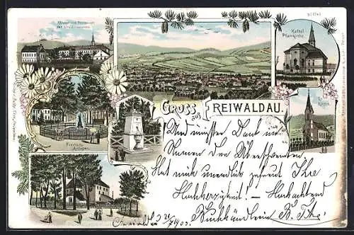 Lithographie Freiwaldau, Kloster und Pensionat der Ursulinerinnen, Freiheits-Anlagen, Kathol. Pfarrkirche