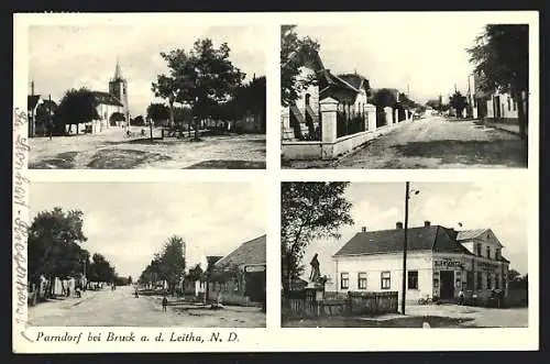 AK Parndorf, Gasthof F. Illenschitz, Strassenpartie mit Kirche