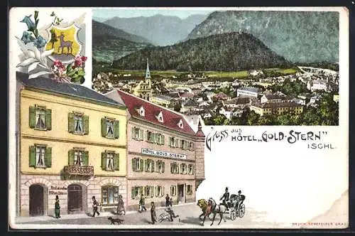 Lithographie Bad Ischl, Hotel Gold. Stern, Totalansicht