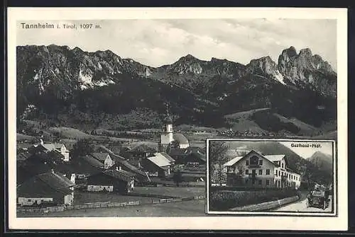 AK Tannheim, Ortsansicht mit Bergpanorama und Gasthaus Post