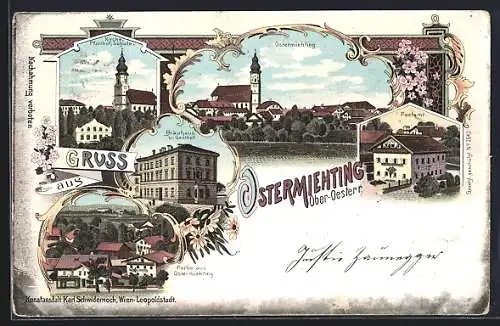 Lithographie Ostermiething /Ober-Oesterr., Bräuhaus und Gasthof, Postamt, Kirche, Pfarrhof, Schule