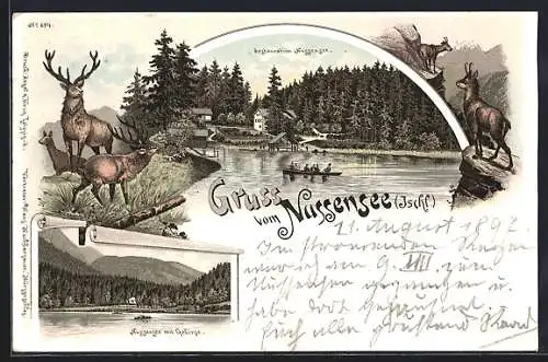 Lithographie Bad Ischl, Restaurant Nussensee, See und Gebirge, Hirsche