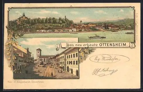 Lithographie Ottensheim, Marktplatz mit Passanten, Ortsansicht mit Dampfer