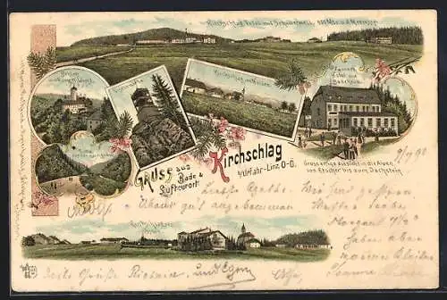 Lithographie Kirchschlag bei Linz, Hotel & Badehaus Zauner, Giselawarte, Ortsansicht