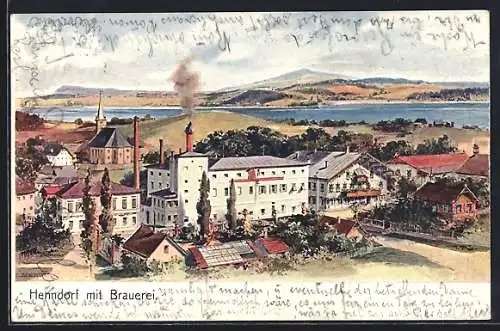 Lithographie Henndorf am Wallersee, Ortsansicht mit Brauerei