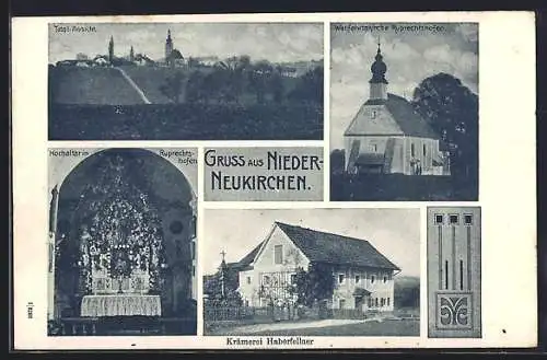 AK Niederneukirchen, Totalansicht, Wallfahrtskirche Ruprechtshofen, Hochaltar, Krämerei Haberfellner