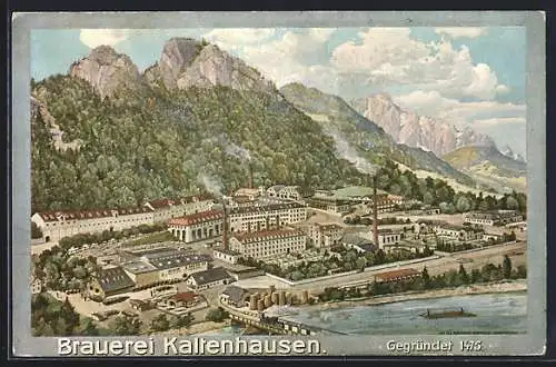 Künstler-AK Hallein, Brauerei Kaltenhausen aus der Vogelschau