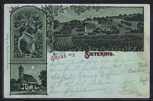 Mondschein-Lithographie Sievering, Kirche, Gnadenbild darin, Ortsansicht