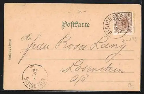 Lithographie Ulrichsberg /O.-Oe., Langthaler`s Gasthaus und Blick auf Kapelle