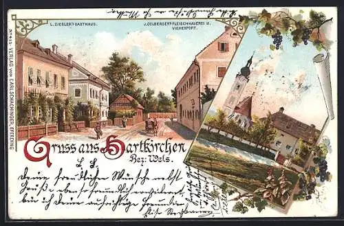 Lithographie Hartkirchen, an der Kirche, Gasthaus L. Ziegler, Fleischhauerei J. Ozlberger