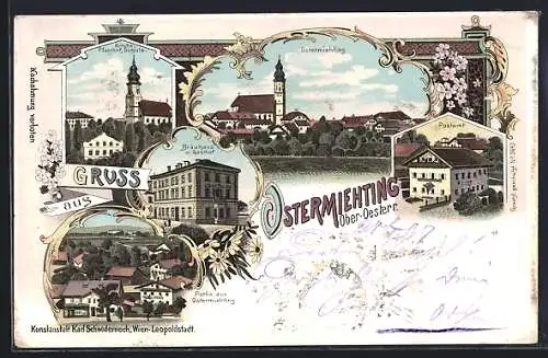 Lithographie Ostermiething, Bräuhaus und Gasthof, Schule, Pfarrhof, Postamt