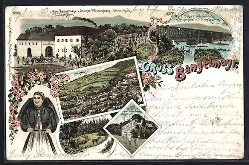 Lithographie Steyregg, Gruss vom Gasthaus Banglmayr, Donau-Eisenbahnbrücke, Frau in Tracht